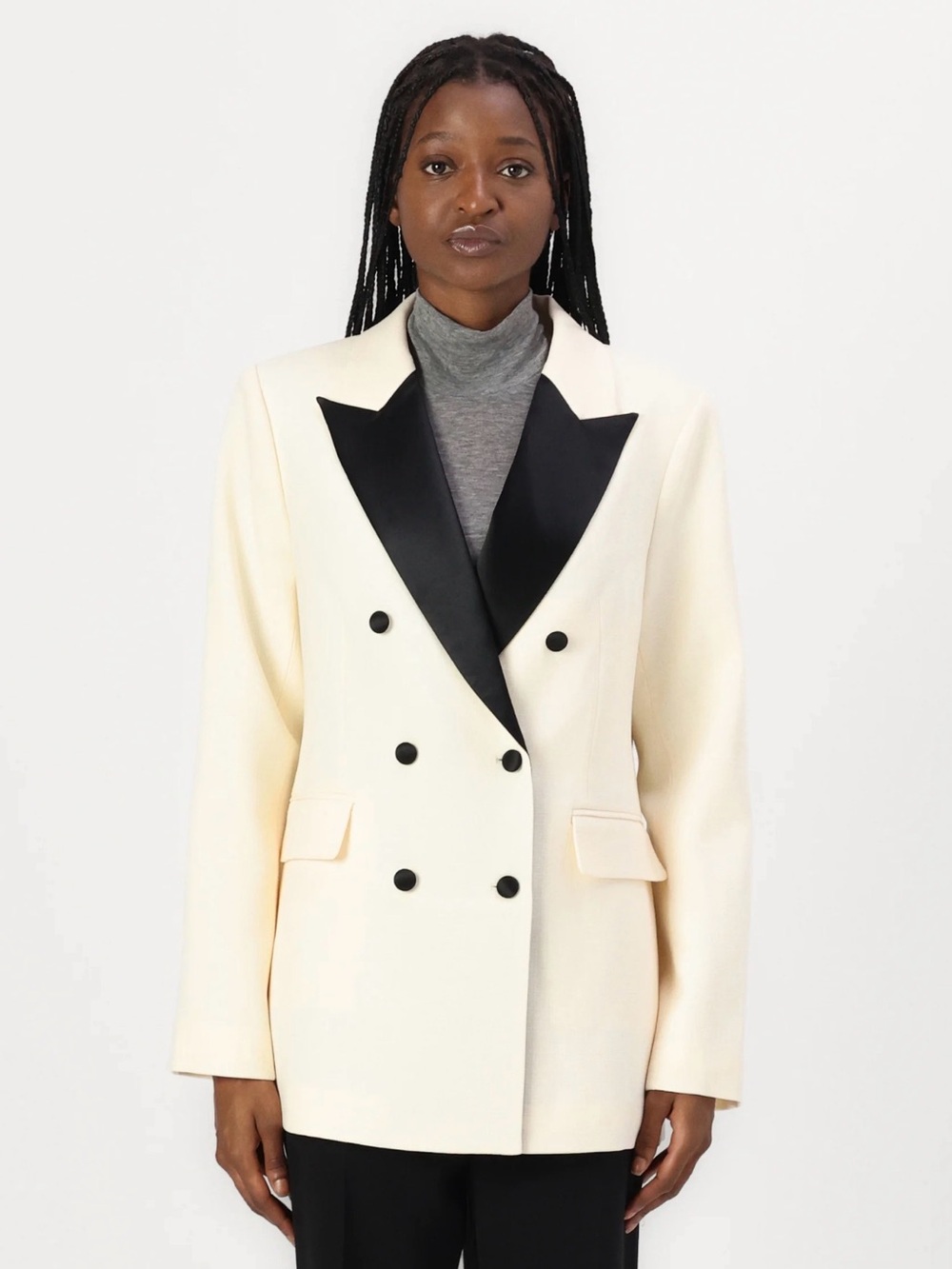 By Malina Cream Double-Breasted Blazer with Black Satin Lapel size XS NWT